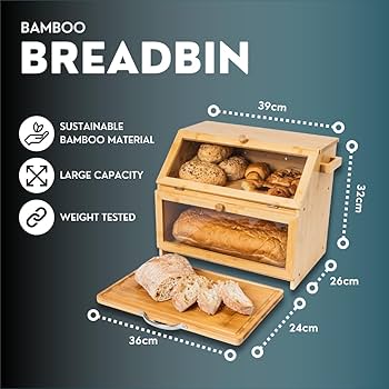 Double Decker Bamboo Bread Bin 2-Tier Bread Box With Cutting Board